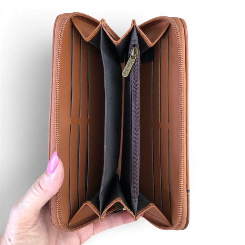 Cotton Road Handbag and matching brown PU leather wallet set with heart detail and multiple compartments for women