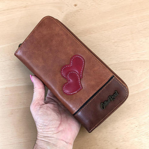Cotton Road Wallet large brown PU leather with heart design and zippered compartments