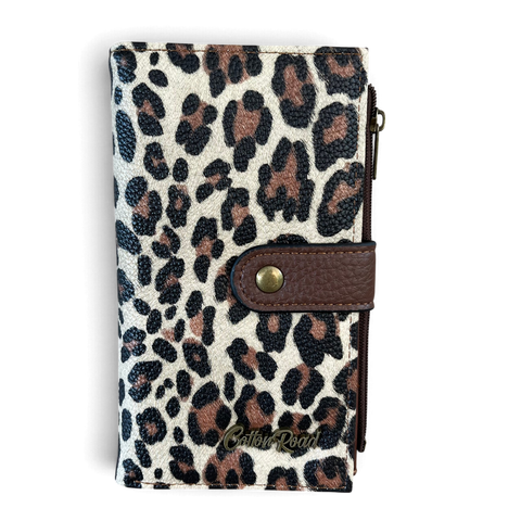 Cotton Road Wallet: Medium BROWN Leopard Print PU Leather with Clip