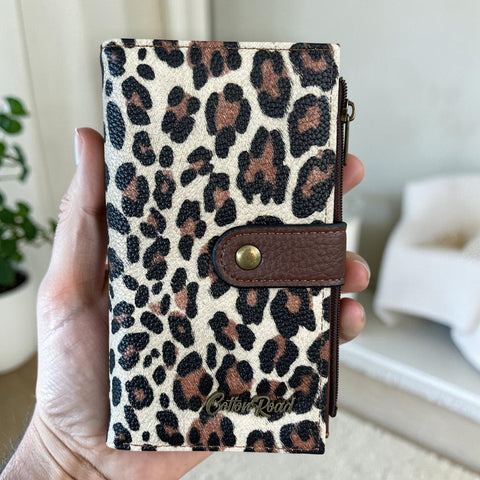 Cotton Road Wallet: Medium BROWN Leopard Print PU Leather with Clip