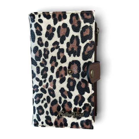 Cotton Road Wallet: Medium BROWN Leopard Print PU Leather with Clip