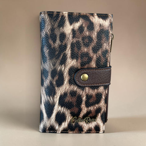 Cotton Road Wallet: Medium COFFEE BROWN Leopard Print PU Leather with Clip