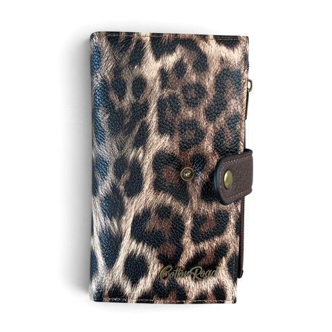 Cotton Road Wallet: Medium COFFEE BROWN Leopard Print PU Leather with Clip