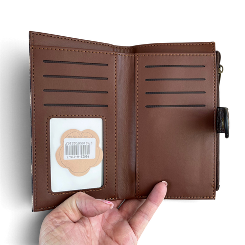 Cotton Road Wallet: Medium COFFEE BROWN Leopard Print PU Leather with Clip
