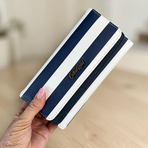 Cotton Road Wallet: Stylish Large NAVY and WHITE STRIPED PU Leather
