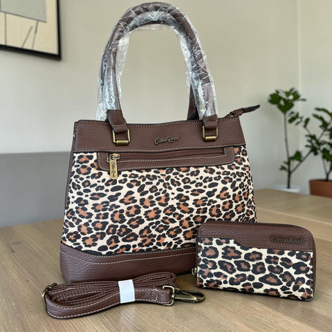 Cotton Road Handbag: Stylish BROWN Leopard Print PU Leather with Matching Wallet