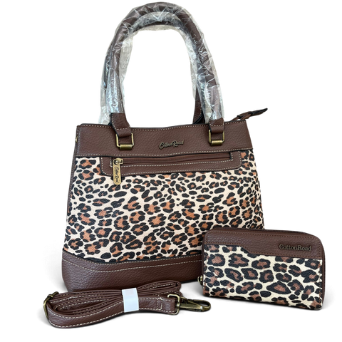 Cotton Road Handbag: Stylish BROWN Leopard Print PU Leather with Matching Wallet