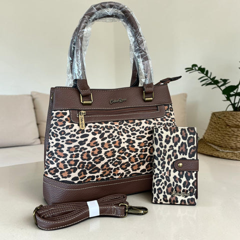 Cotton Road Handbag: Stylish BROWN Leopard Print PU Leather with Matching Wallet