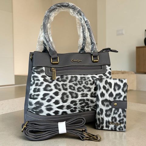 Cotton Road Handbag: Stylish GREY Leopard Print PU Leather with Matching Wallet