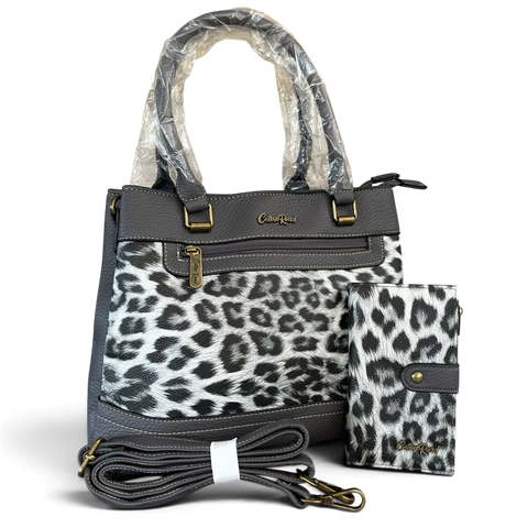 Cotton Road Handbag: Stylish GREY Leopard Print PU Leather with Matching Wallet