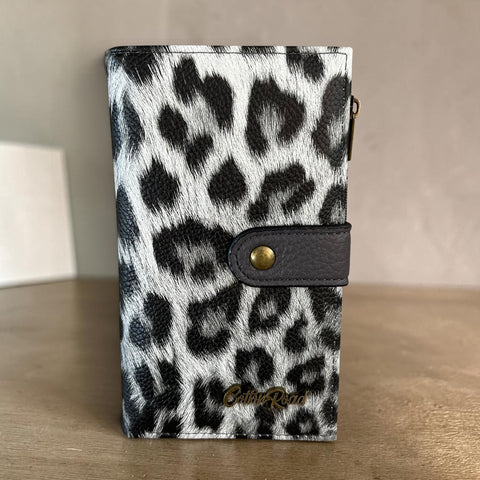 Cotton Road Wallet: Medium GREY Leopard Print PU Leather with Clip