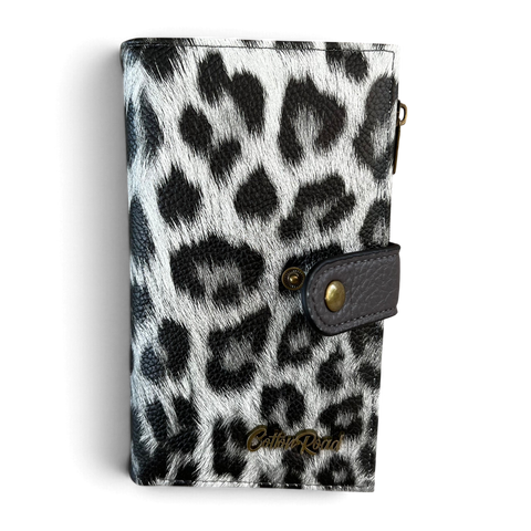 Cotton Road Wallet: Medium GREY Leopard Print PU Leather with Clip