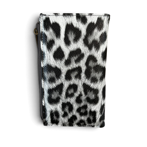 Cotton Road Wallet: Medium GREY Leopard Print PU Leather with Clip
