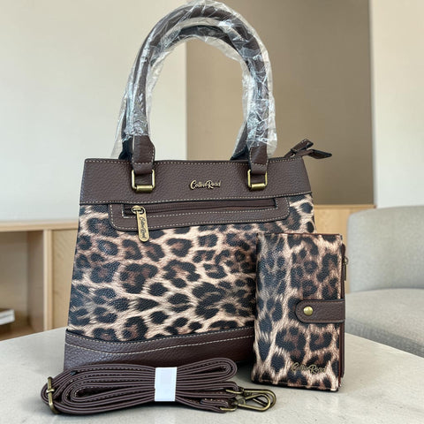 Cotton Road Handbag: Stylish COFFEE BROWN Leopard Print PU Leather with Matching Wallet