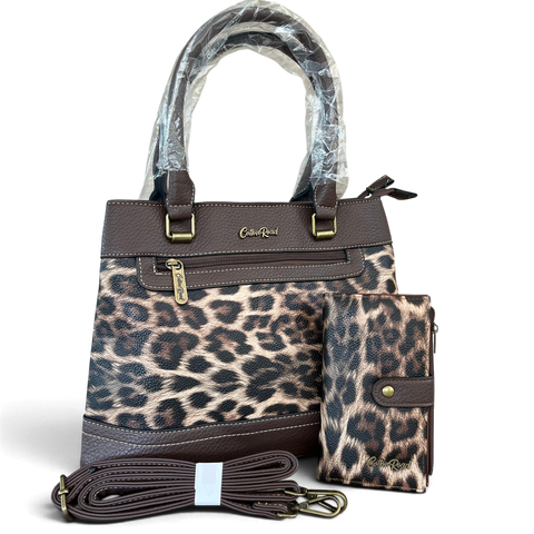 Cotton Road Handbag: Stylish COFFEE BROWN Leopard Print PU Leather with Matching Wallet