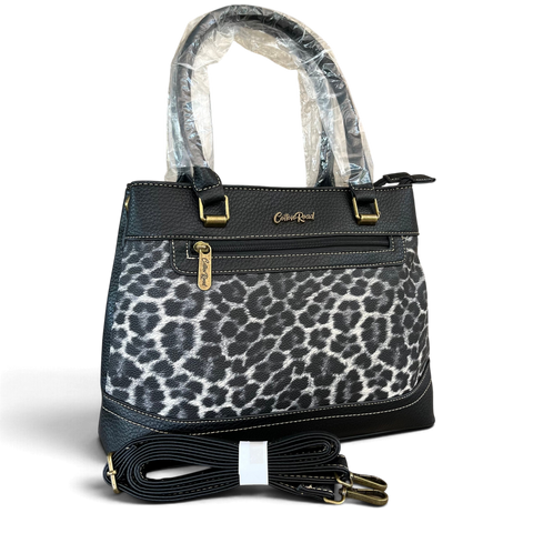 Cotton Road Handbag: Stylish BLACK Leopard Print PU Leather with Matching Wallet