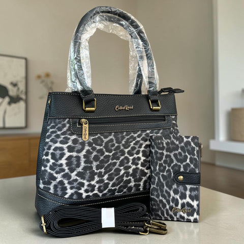 Cotton Road Handbag: Stylish BLACK Leopard Print PU Leather with Matching Wallet