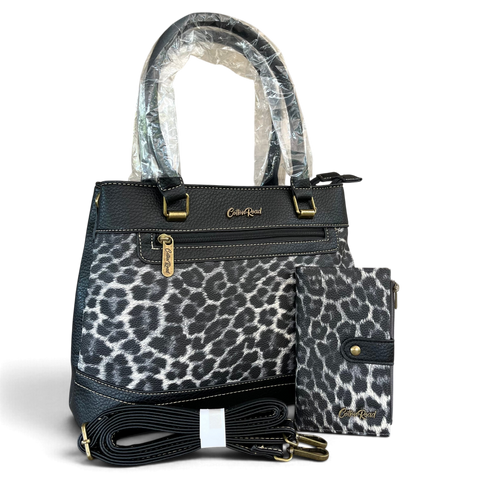 Cotton Road Handbag: Stylish BLACK Leopard Print PU Leather with Matching Wallet