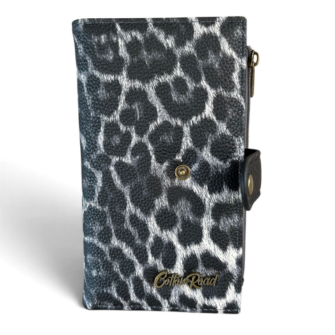 Cotton Road Wallet: Medium BLACK Leopard Print PU Leather with Clip