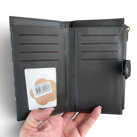Cotton Road Wallet: Medium BLACK Leopard Print PU Leather with Clip