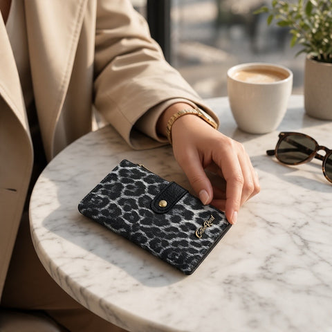 Cotton Road Wallet: Medium BLACK Leopard Print PU Leather with Clip