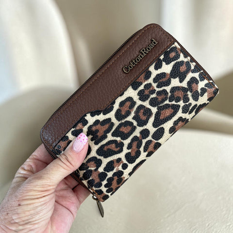 Cotton Road Wallet: Medium Brown Leopard Print PU Leather