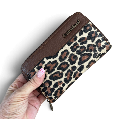 Cotton Road Wallet: Medium Brown Leopard Print PU Leather