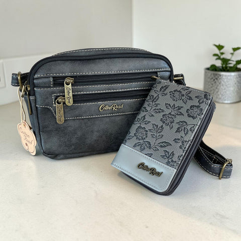 Cotton Road Sling Bag: Stylish Charcoal Black PU Leather Crossbody with Matching Floral Wallet