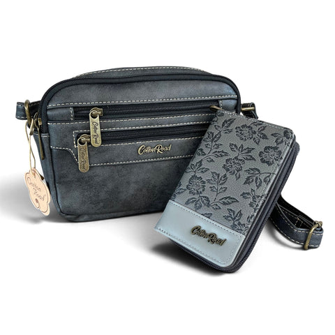 Cotton Road Sling Bag: Stylish Charcoal Black PU Leather Crossbody with Matching Floral Wallet