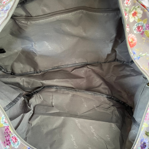 Cotton Road Travel Bag: MAUVE FLORAL PVC Foldaway WEEKENDER with Matching Vanity Bag