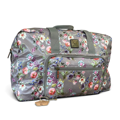 Cotton Road Travel Bag: MAUVE FLORAL PVC Foldaway WEEKENDER with Matching Vanity Bag