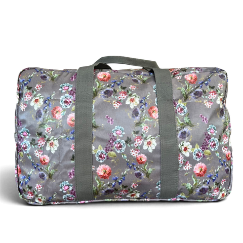 Cotton Road Travel Bag: MAUVE FLORAL PVC Foldaway WEEKENDER with Matching Vanity Bag