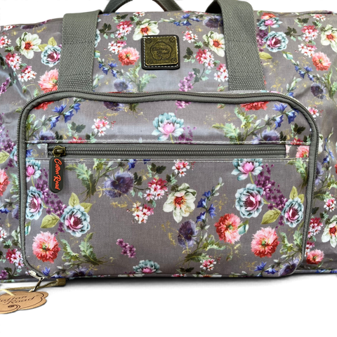 Cotton Road Travel Bag: MAUVE FLORAL PVC Foldaway WEEKENDER with Matching Vanity Bag
