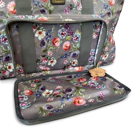Cotton Road Travel Bag: MAUVE FLORAL PVC Foldaway WEEKENDER with Matching Vanity Bag