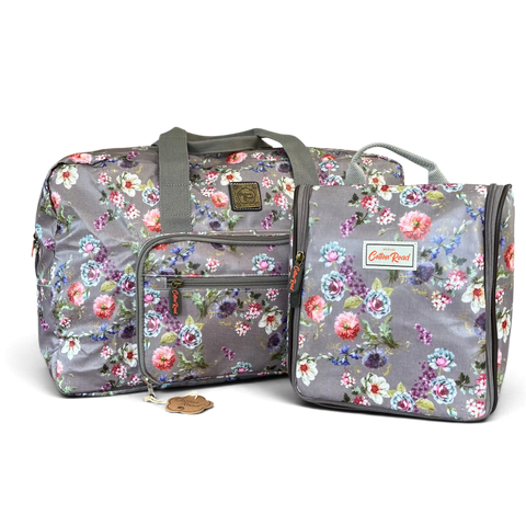 Cotton Road Travel Bag: MAUVE FLORAL PVC Foldaway WEEKENDER with Matching Vanity Bag