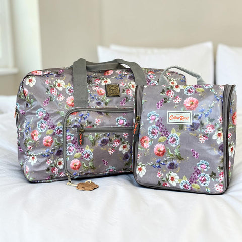 Cotton Road Travel Bag: MAUVE FLORAL PVC Foldaway WEEKENDER with Matching Vanity Bag