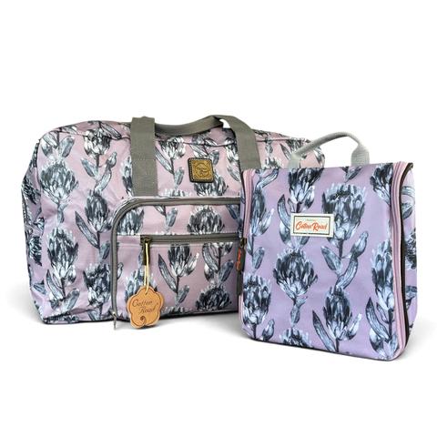 Cotton Road Travel Bag: PURPLE Protea Design PVC Foldaway WEEKENDER with Matching Vanity Bag