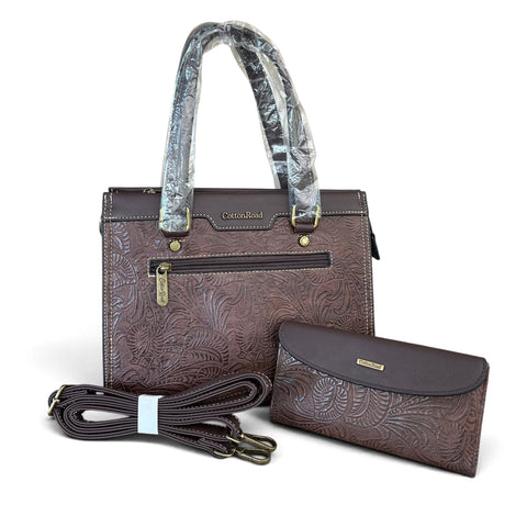 Cotton Road Handbag: COFFEE BROWN PU Leather with EMBOSSED Panel and Matching Wallet