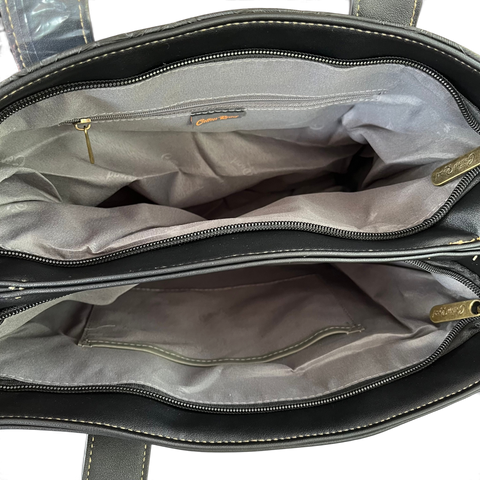 Cotton Road Handbag: BLACK PU Leather with LEAF Design