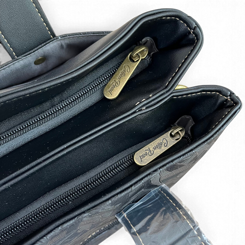 Cotton Road Handbag: BLACK PU Leather with LEAF Design