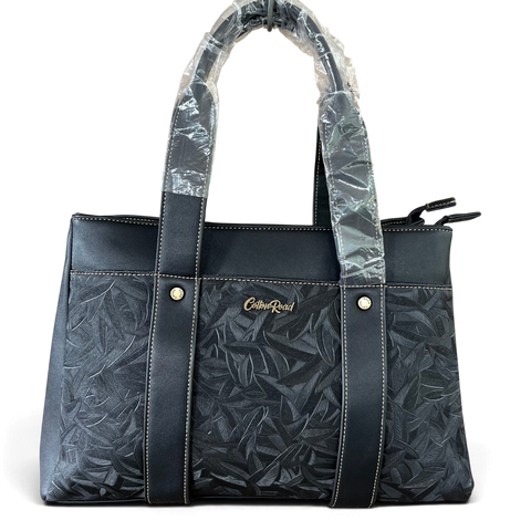 Cotton Road Handbag: BLACK PU Leather with LEAF Design