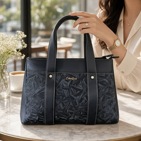 Cotton Road Handbag: BLACK PU Leather with LEAF Design