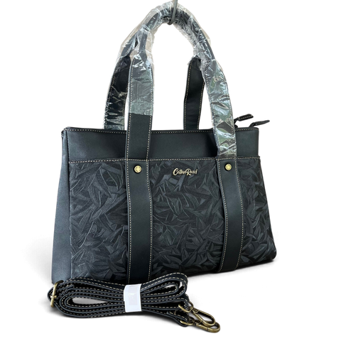 Cotton Road Handbag: BLACK PU Leather with LEAF Design