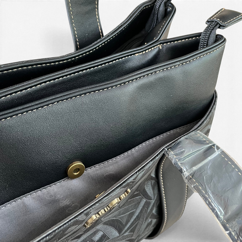 Cotton Road Handbag: BLACK PU Leather with LEAF Design