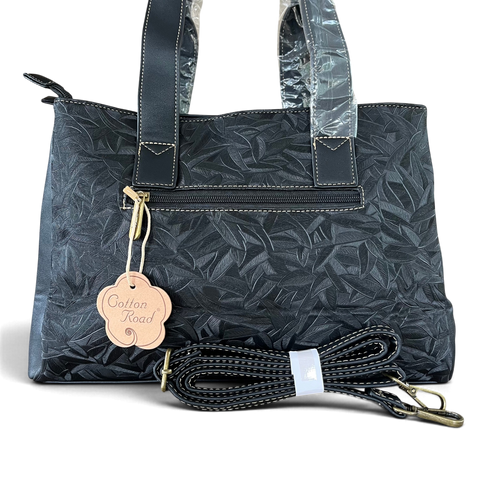 Cotton Road Handbag: BLACK PU Leather with LEAF Design