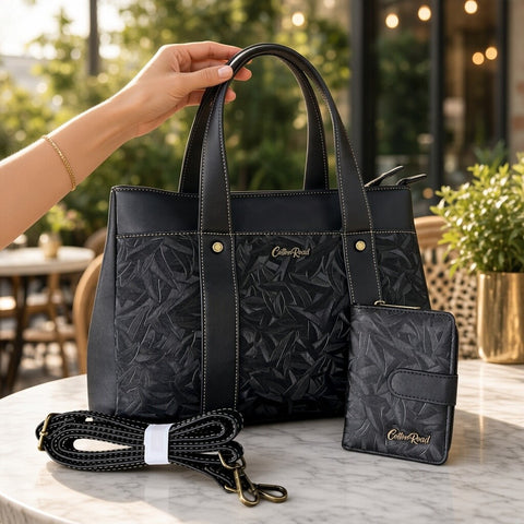 Cotton Road Handbag: BLACK PU Leather with LEAF Design with Matching Wallet