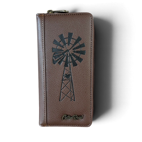Cotton Road Wallet: Large BROWN PU Leather with WINDMILL Design