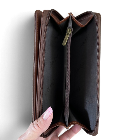 Cotton Road Wallet: Large BROWN PU Leather with WINDMILL Design
