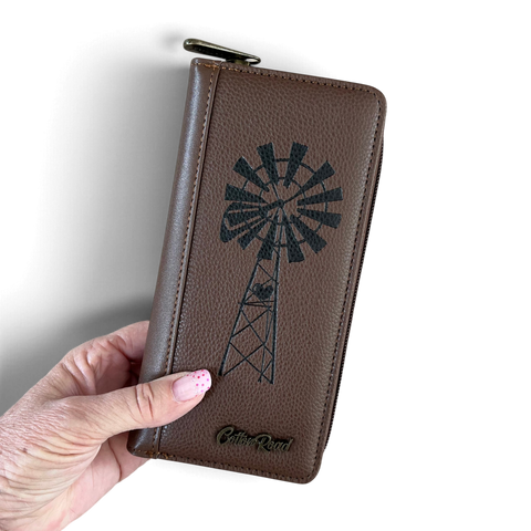 Cotton Road Wallet: Large BROWN PU Leather with WINDMILL Design
