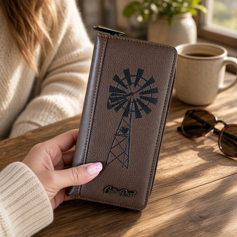 Cotton Road Wallet: Large BROWN PU Leather with WINDMILL Design